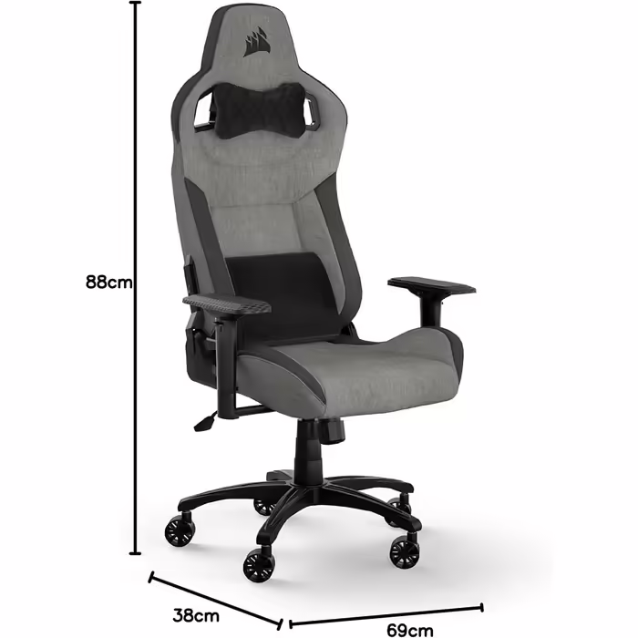 Ігрове крісло Corsair T3 RUSH Fabric 2023, автомобільний стиль, тканинне покриття, подушка для шиї, ортопедична підтримка попереку, сіре та антрацитове