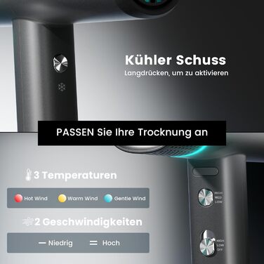 Іонізатор для волосся Föhn - високошвидкісний фен з насадкою-дифузором для жінок та чоловіків, 3 режими/2 швидкості, легкий, рівномірне тепло, тихий, чорний (сірий)