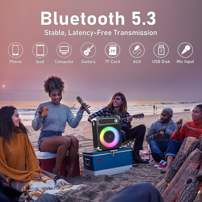 Караоке-машина JYX з 2 UHF-мікрофонами, Bluetooth-колонка з регулюванням басів/високих частот, пульт дистанційного керування та LED-підсвічуванням, підтримка TF-карт/USB, AUX IN, FM, REC, чорний колір