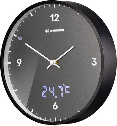 Bresser MyTime Radio-Controlled Wall Clock with Silent Movement, 24 cm Dial, LED Second Display, Indoor Temperature and Silent Radio Clock Movement, Grey