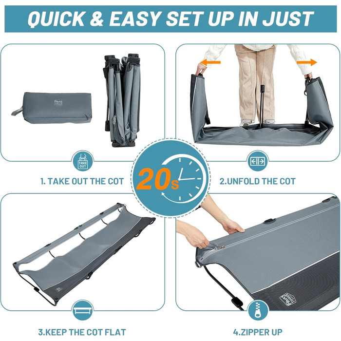 Розкладне кемпінгове ліжко Timber Ridge - легке, зручне, для відпочинку на природі (до 120 кг), сіре