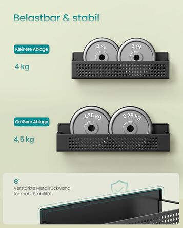 SONGMICS Магнітна полиця для спецій, 4 шт. (2 великі, 2 маленькі), без свердління, для кухні, холодильника, мікрохвильової печі, пральної машини, чорний, сталь