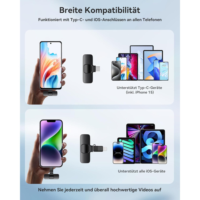 Бездротові петличні мікрофони 2 шт. для iPhone/iPad/Android, з шумозаглушенням, Plug-and-Play, для відео, подкастів, YouTube, TikTok, Vlog, чорний