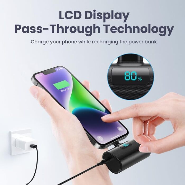 Портативний зарядний пристрій (Power Bank) 5200mAh з дисплеєм LCD для iPhone, Android. Швидка зарядка 20W PD 4.0A. Компактний, чорний