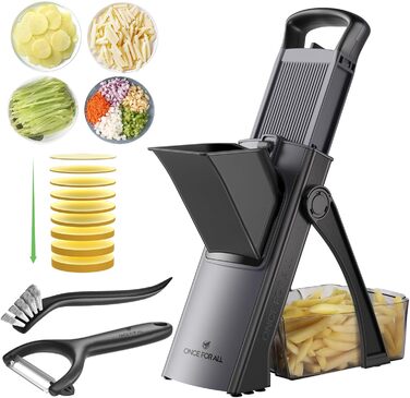 Мандоліна-слайсер ONCE FOR ALL Upgrade: безпечний, великий, з регулюванням, для овочів та продуктів, для картопляного фрі, знімні леза (чорно-сірий + ніж для взуття)