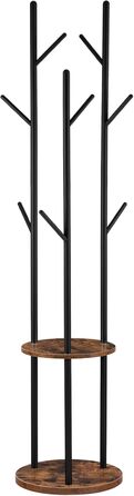 HOOBRO Coat Rack, Freestanding Clothes Rack, Tree-Shaped Wardrobe with 8 Hooks, 2 Round Shelves, for Clothing, Hat, Bag, Living Room, Bedroom, Office Dark Brown-Black EBF33YM01G1