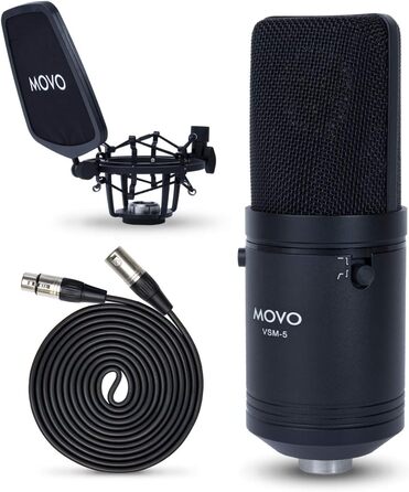 Movo VSM-5: Конденсаторний мікрофон XLR для студії з поп-фільтром та підвісом – ідеальний для вокалу, подкастів, стрімінгу, радіо та ASMR
