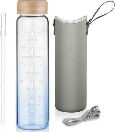 Drinking bottle, glass water bottle with straw and time markings, 900 ml, bottle with neoprene sleeve, gradient color, blue