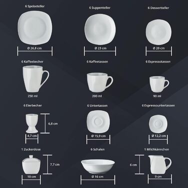 Набір посуду KHG Kombiservice 62 елементи | Білий сервіз для 6 осіб з якісного порцеляну | Класичний дизайн | З цукерницею, ложками для яєць та молочником