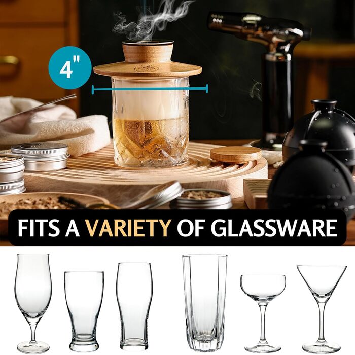 Whiskey Smoker Kit - Cocktail Smoker Kit with Torch, 2 Whiskey Glasses, 2 Ice Ball Makers, 6 Flavors of Wood Chips - Old Fashioned Smoker Bourbon Drink Smoking Set - Bourbon Gifts for
