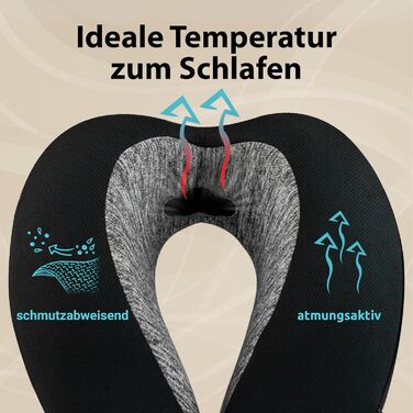 Подушка для шиї FlowZoom Dream Classic з регульованою підтримкою та знімним шнуром - подушка для подорожей у літак з піною Memory Foam - з чохлом та подарунковою упаковкою - Чорний