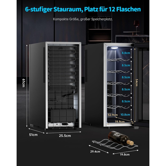 WIE 33 Liter Wine Fridge - 1 Zone, 12 Bottle Capacity, Mini Wine Cooler with Glass Door & LED Touch Panel, Anti-UV