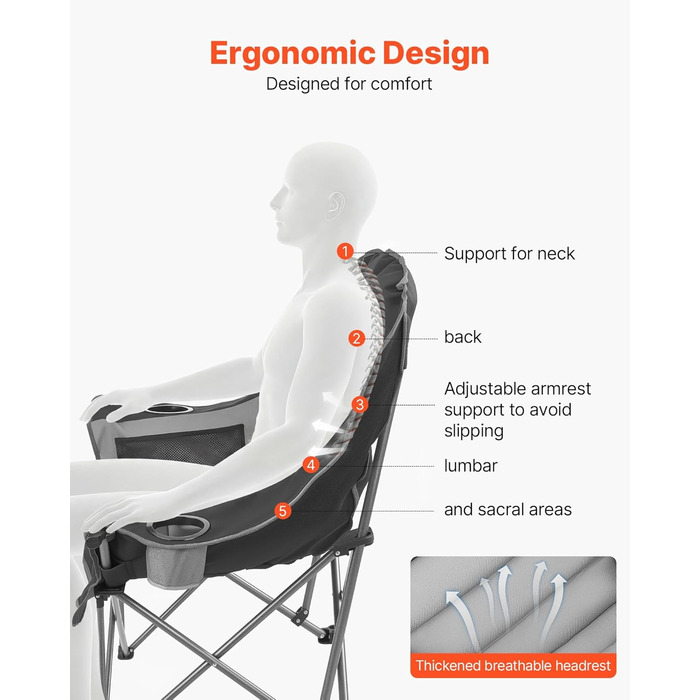 Кемпінговий стілець VEVOR великий, складний - до 204 кг, з підсклянниками, для риболовлі, пікніка, чорно-сірий