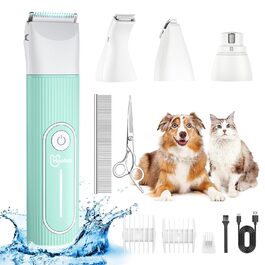 Професійна машинка для стрижки собак та котів Hoofun 4-в-1, IPX7, бездротова, з 4 насадками, для собак, котів, кроликів (біла/блакитна)