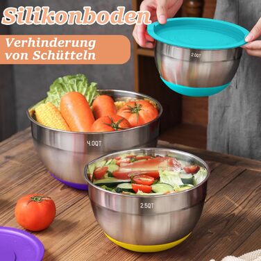 Mixing Bowl Set of 6, Stainless Steel Bowls Salad Bowls with Airtight Lid & Silicone Bottom, 3 Grater Attachments, 6.6 L/3.8 L/2.4 L/1.9 L/1.4 L/0.6 L - Colorful
