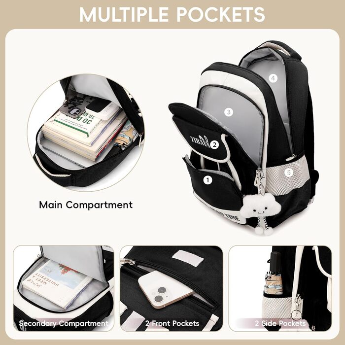 Шкільний рюкзак для дівчинки-підлітка, легкий водонепроникний, з милим брелоком. Підходить для 3-5 класів та старшої школи. Великий рюкзак для підлітків - фіолетовий (чорний)