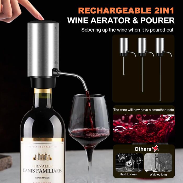 Electric Wine Opener 4-in-1 Set with Automatic Wine Decanter & Wine Opener USB-C Rechargeable, Vacuum Stoppers, Foil Cutters, Gift Box for Wine Lovers
