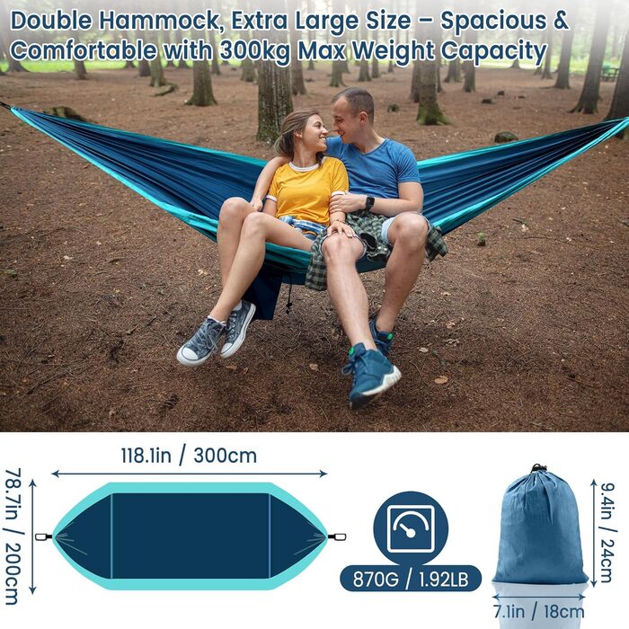 Гамак для двох осіб XXL 300 x 200 см – Складаний, ультралегкий та портативний. Міцний гамак для відпочинку на природі (300 кг) – ідеально для саду, кемпінгу та подорожей (блакитний)