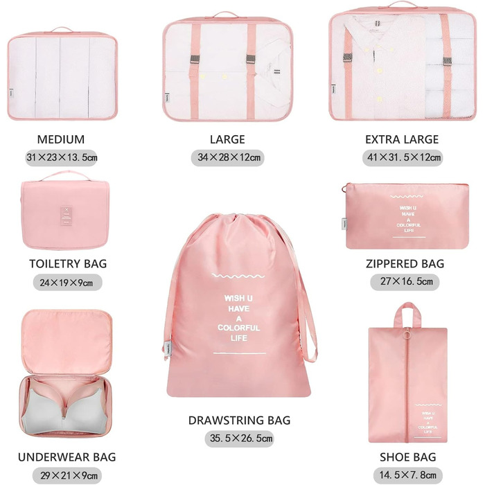Набір органайзерів для валізи MURISE (6/8 шт.) – рожевий, для подорожей та подорожей
