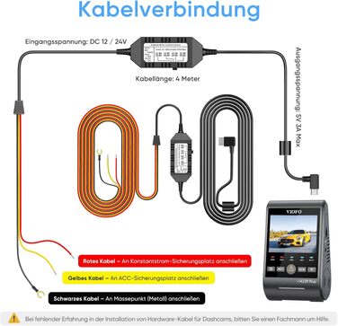 Кабель живлення VIOFO HK4 Hardwire Kit для відеореєстраторів A329, A119M, A229 (Type-C) з режимом паркування та захистом від розрядження акумулятора