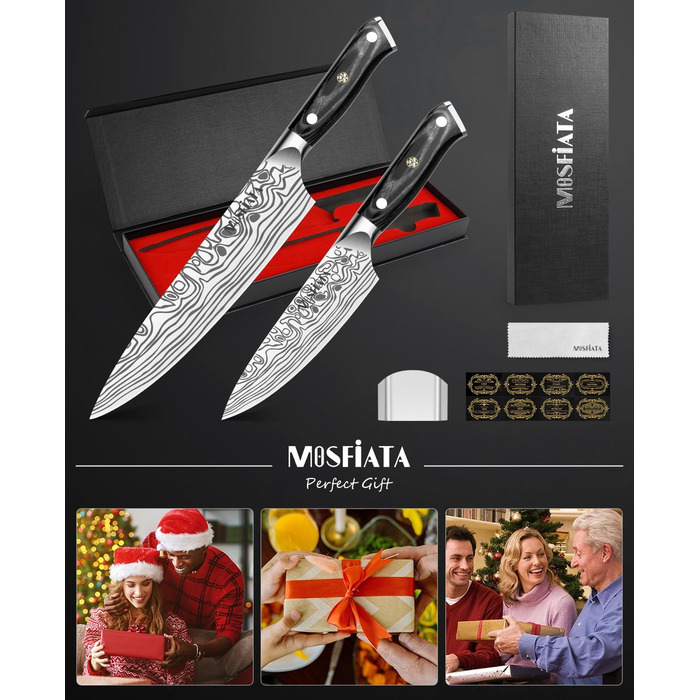 Ніж Santoku MOSFiATA 18 см, кухонний ніж з нержавіючої сталі EN 1.4116, дерев'яна ручка, набір 2 шт.