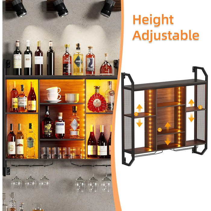 Настінна вітрина для вина з LED-підсвіткою 90x90 см з металу та MDF. Полиці для вин з тримачами для келихів. Регульована полиця для бару, винного підвалу, кухні.