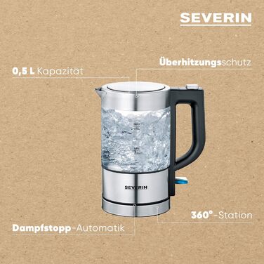 SEVERIN Mini Glass Kettle 0.5 L, powerful and compact with a high-quality design, electric kettle with scale filter, stainless steel/black, WK 3472