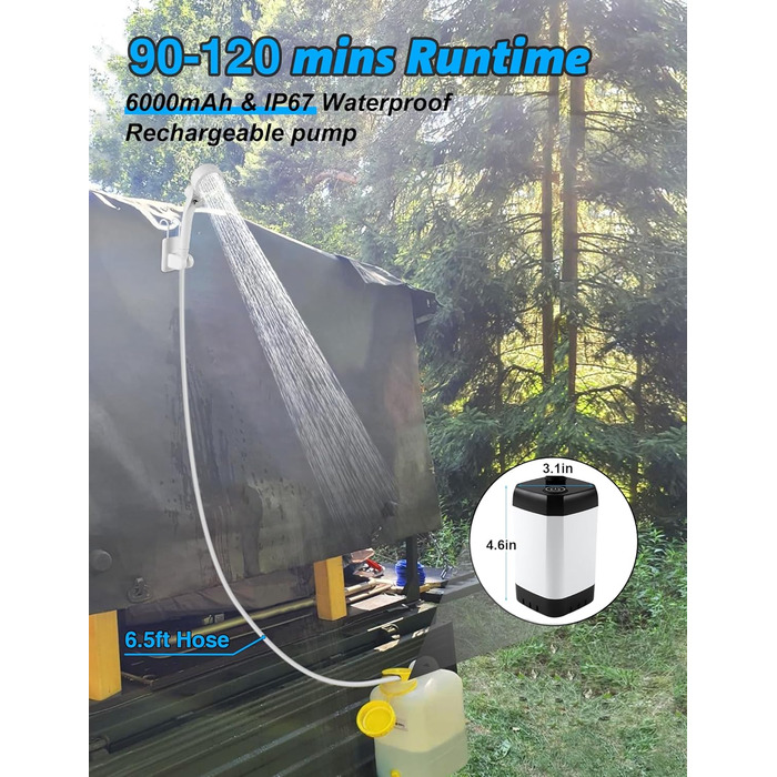 LIBERRWAY Camping Shower with Pump [90-140 Min] - IPX7 Waterproof Pump with Temperature Gauge & Pressure Regulation | Portable Outdoor Shower for Camping, Dog Shower with 2m Hose