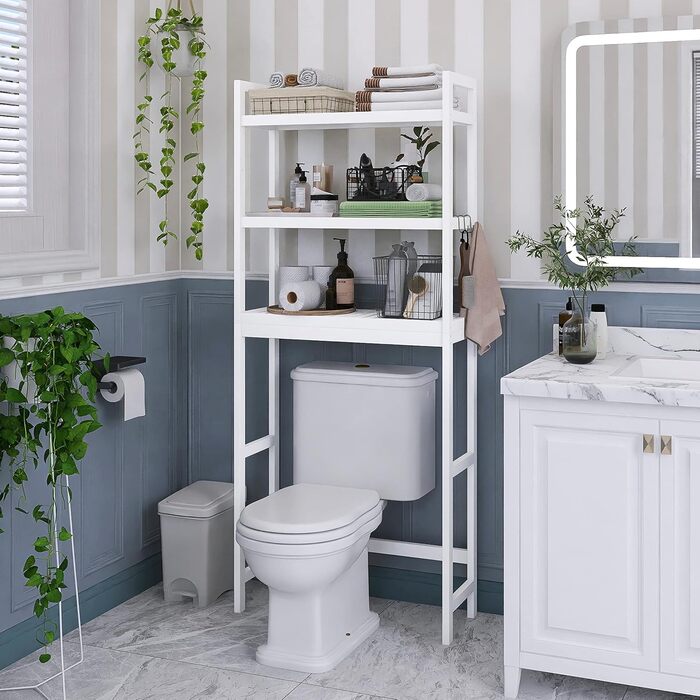SMIBUY Toilet Shelf, Bamboo Toilet Rack, Adjustable Washing Machine Shelf, Bathroom Shelf with 3 Storage Shelves, Space-Saving, Easy to Assemble, White