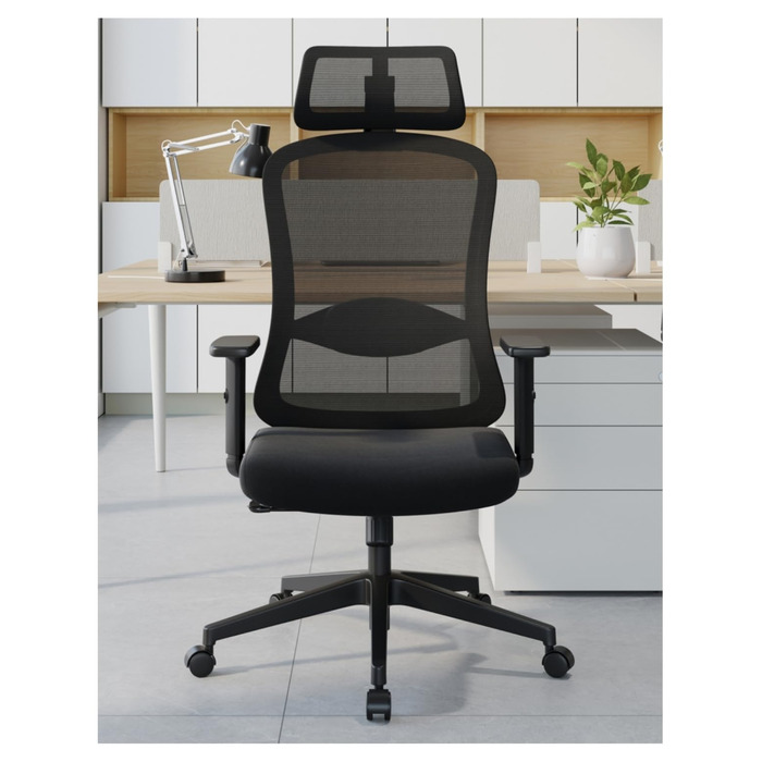 Ергономічне крісло для офісу, обертовий офісний стілець з подушкою для попереку, регульовані підголівник та підлокітники, крісло для керівника до 150 кг (Чорний)