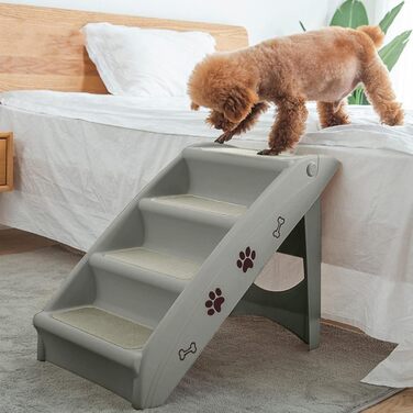 Froadp 49x38x61cm Folding Stairs for Dogs Made of Plastic, Folding Dog Steps with 4 Steps & Felt Mat, Non-Slip Cat Stairs, Bed, Balcony, Sofa, Portable Pet Stairs for Dogs and Cats (Grey)