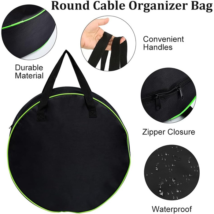 Cartlant 2 Pack Charging Cable Bag Electric Vehicle, Waterproof Cable Bag Camping Extension Cord Organizer Round, Portable EV Storage Bag Large for Garden Accessories, Hoses, E-Car