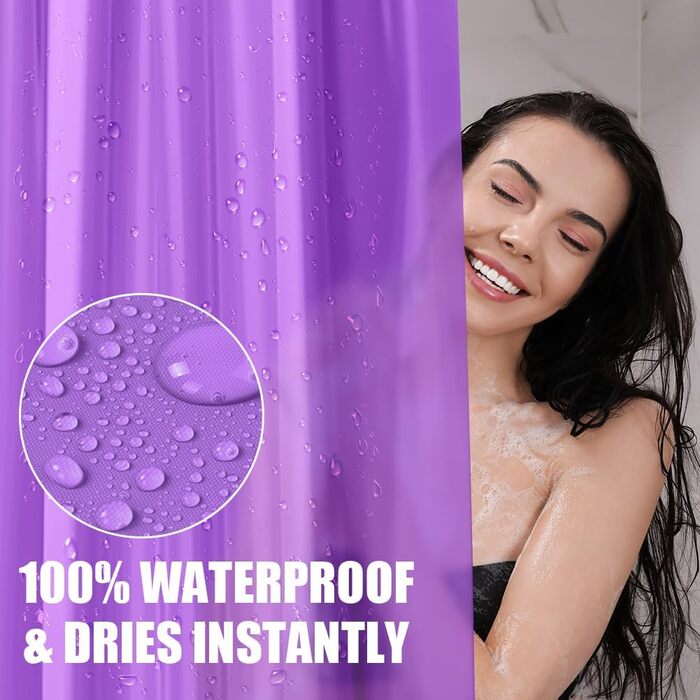 Шторка для душу URAQT, антигрибкова, водонепроникна, швидковисихаюча, 180x180 см, з 12 кільцями, для ванни, білий/базовий (фіолетовий)