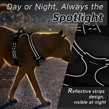 Нагрудник для собак великих порід Eagloo, чорний, розмір L, анти-тяга, з відбиваючими смугами, регульований