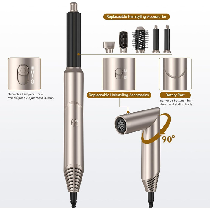 Фен-стайлер 6 в 1 для волосся, Airstyler Set, автоматичний локонів, термощітка, фен, мультистайлер для жінок, чорний (золотий)