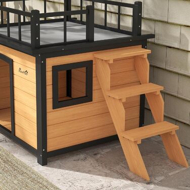Павгут Будинок для собак з балконом, піднятий будиночок для дрібних тварин з сходами, вікно, печеринка для собак, для маленьких та середніх собак, сосна, жовтий, 121 x 77 x 78 см