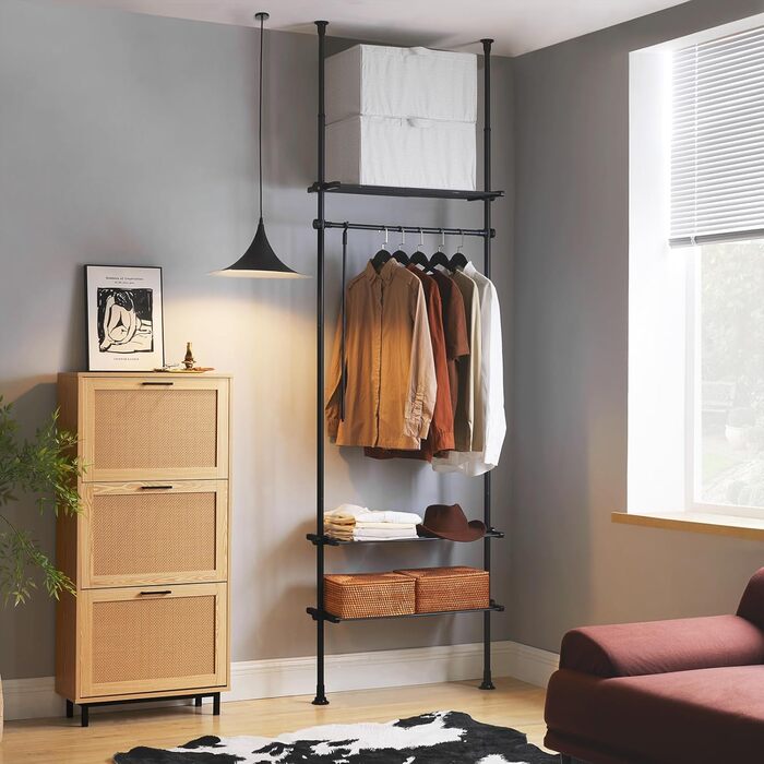 SoBuy KLS07-SCH Telescopic Clothes Rail Garment Rack with 1 Clothes Rail and 3 Shelves Telescopic Wardrobe System Adjustable Clothes Rack B (52-80) x H (233-295) cm