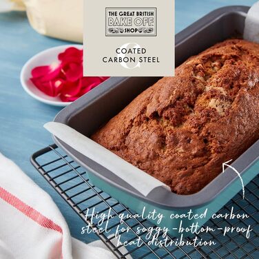The Great British Bake Off Loaf Tin for Baking, 900g Capacity, for Bananas, White and Seeded Breads, Official GBBO Logo, Non-Stick Carbon Steel, Delicate Egg Blue, 23 x 13 x 7 cm