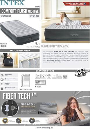 Надувний матрац Intex 67766 Dura-Beam Comfort Plush, односпальний, з вбудованим електронасосом, PVC, 99x191x33 см, багатокольоровий