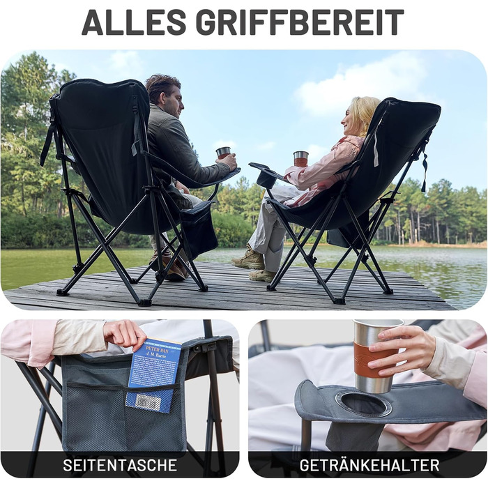 Кемпінговий стілець Timber Ridge складаний, до 180 кг, з регурованою спинкою (3 положення), підлокотниками, тримачем для напоїв та бічною кишенею, ширина сидіння 62 см