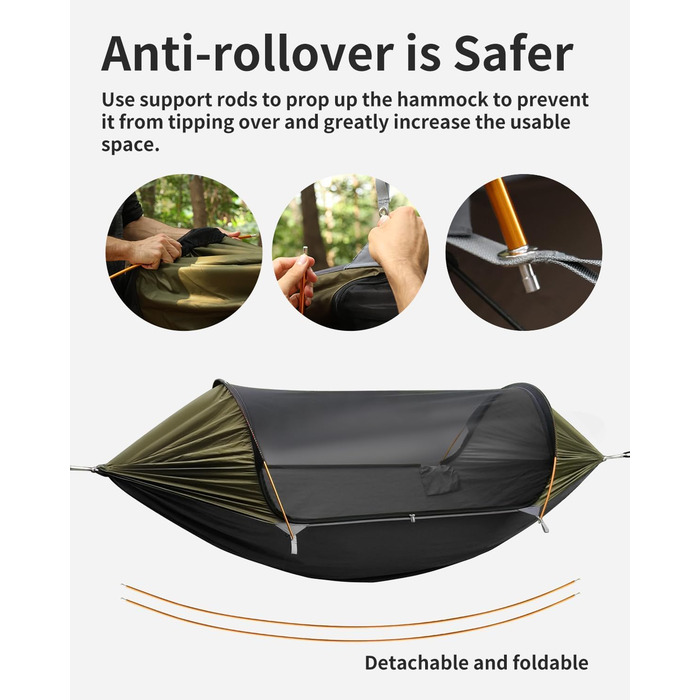 Гамак для кемпінгу 4-в-1 з москітною сіткою та знімним сонцезахистом, 290x140 см, армійний зелений