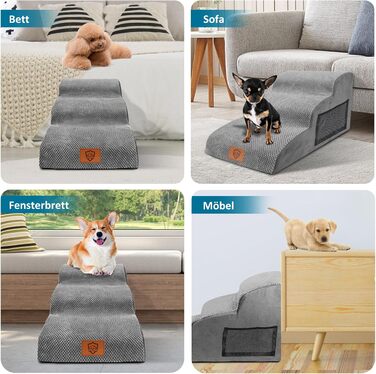 Phone Dog Stairs for Small Dogs, Dog Stairs, Non-Slip Dog Stairs 5 Steps, Washable Dog Ramp Bed, Pet Stairs made of High-Density Sponge, for Injured & Older Dogs, Cats (Pet Stairs 3 Steps, gray)