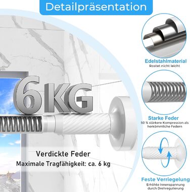 Штанга для карнизів AIZESI без свердління, 100-230 см, Ø 25 мм, телескопічна, для кріплення - регульована штанга для вікон, душу, балкону (білий, 81-158 см)