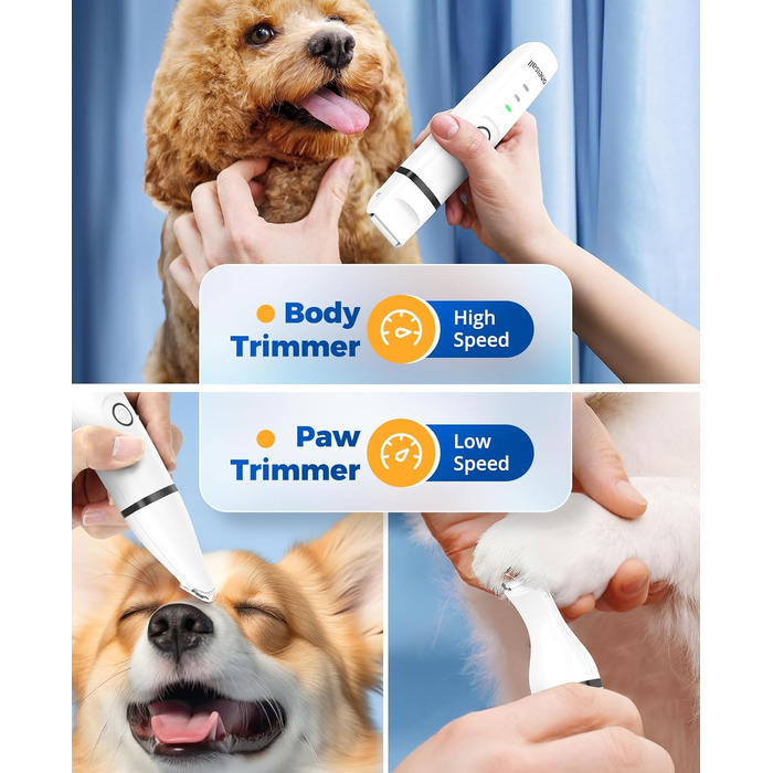 Schermaschine для собак та котів oneisall 4-в-1: стрижка, триммінг, шліфування кігтів. Безшумна, акумуляторна модель з 4 насадками для тіла, лап, очей та вух.