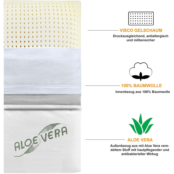 Seven-Sleep Orthopedic Neck Pillow - Head pillow made of pressure-equalizing Visco-Gel foam (Memory Foam) with Aloe Vera cover - Pillow in 70x42cm size, 15cm height