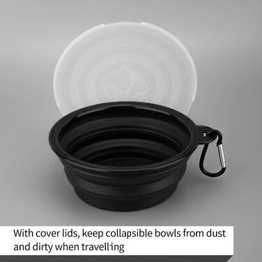 Складані годівниці для собак SLSON, 2 шт., з кришкою та карабінами, для прогулянок, подорожей та повсякденного використання, чорний, маленькі