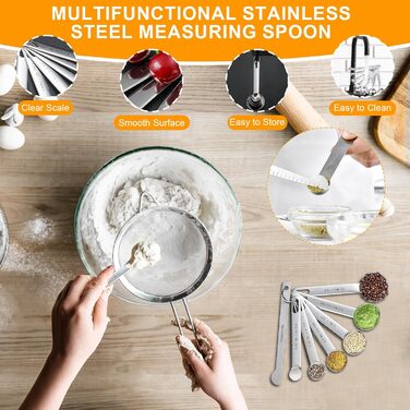 Mixing Bowl 3-Piece Set, Measuring Cup and Measuring Spoon 12-Piece Set, 5 Cup Pitcher & 7 Measuring Spoons, Nesting Cups, Stainless Steel Teaspoons and Tablespoons 18/8 for Baking and Cooking (Silver)