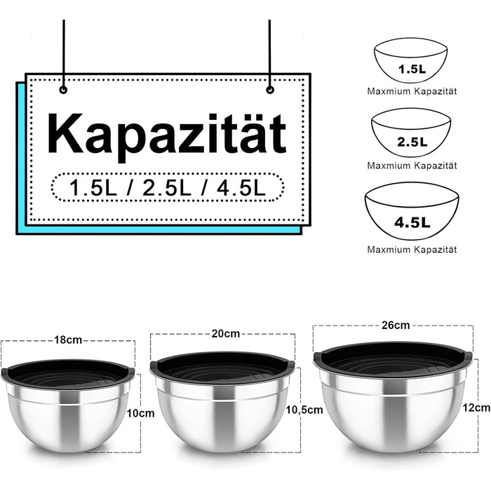 Набір мисок TEAMFAR 3 шт. з нержавіючої сталі з кришкою, 4,5L/2,5L/1,5L, для випічки, приготування та сервірування, миюча посудомийна машина (Чорний)