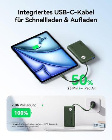 Повербанк INIU 10000mAh 45W з вбудованим кабелем USB-C, швидка зарядка, компактний зовнішній акумулятор для iPhone 17 16 Pro, Samsung S26 S25, Xiaomi, iPad, бежевий