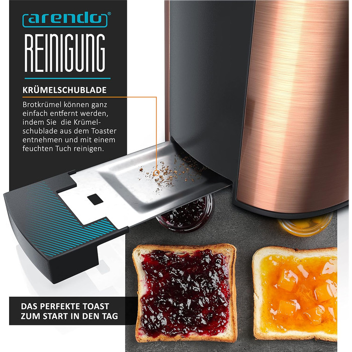 Тостер Arendo Automatik з широкими прорізами, функція розморожування, теплоізоляційне подвійне покриття, вбудований підставка для тостів, висувна шухляда для крихт, сертифікат GS, матеріал: мідь